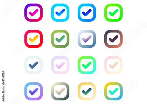 A set of tick mark approval, multicolored gradient square checkbox icons with checkbox icon for UI/UX design. Tick mark with checkbox icon