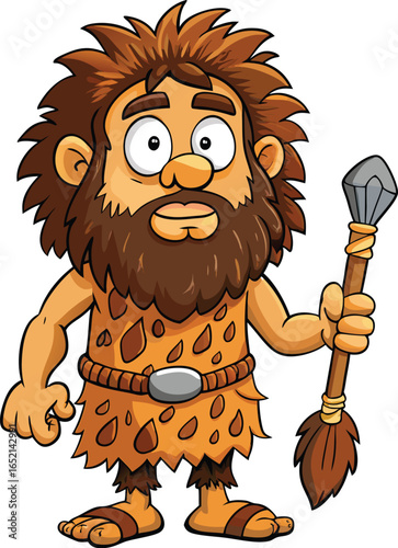 Cartoon Caveman Illustration with Brown Beard and Spiked Club Design