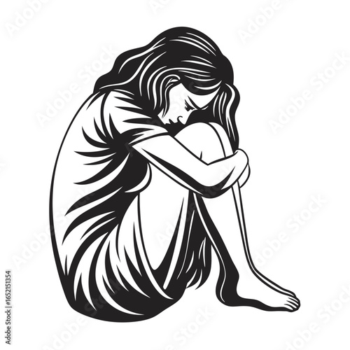 Depressed Girl Curled Up with Head on Knees on a White Background