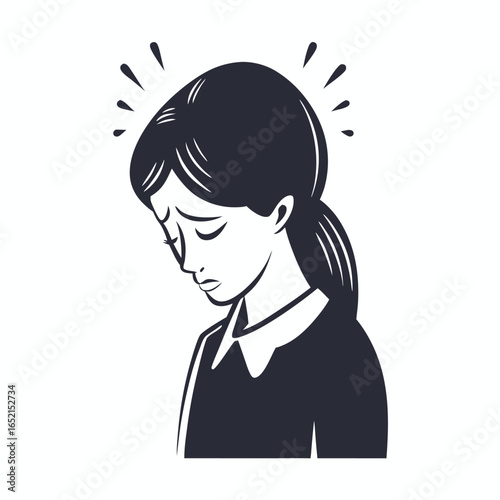 Monochrome art of a dejected young woman on a white background design