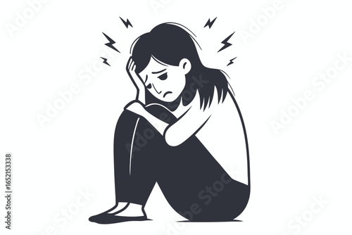 Depressed Woman with Head Pain, Cartoonish Style on White Background