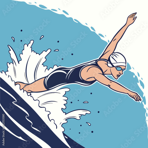Illustration of woman swimmer in action swimming freestyle technique in pool or open water competition