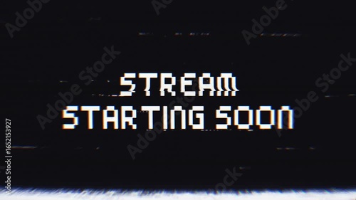 Stream starting soon text animation with glitch effect on black background. Graphic overlay for live stream. 4k video