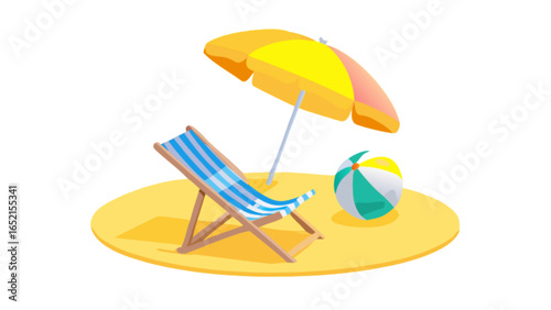 Beach vacation scene with beach chair umbrella and ball for summer holiday travel and relaxation design