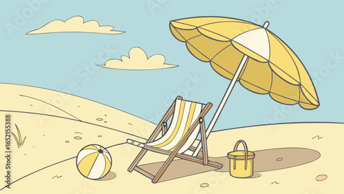 Summer beach scene with umbrella, chair, ball and bucket for vacation and holiday relaxation at the beach