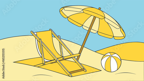 Beach scene illustration with beach chair, sun umbrella and beach ball for summer vacation relaxation, 100 char
