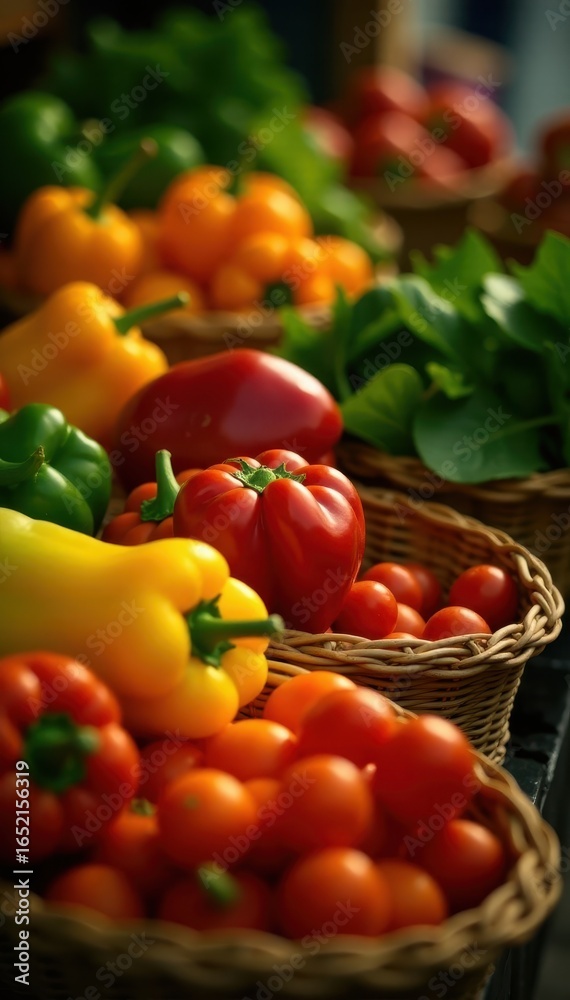 Overflowing baskets, colorful peppers, leafy greens under Overflowing baskets, colorful peppers, leafy greens under