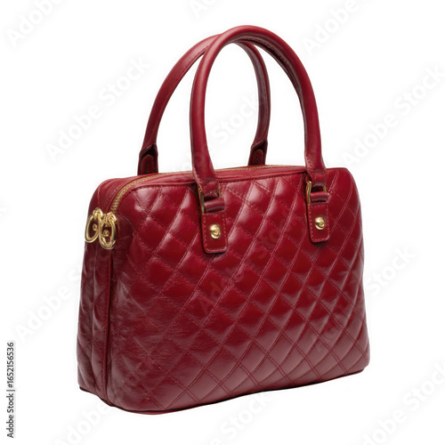 Elegant red quilted leather handbag isolated on transparent background
