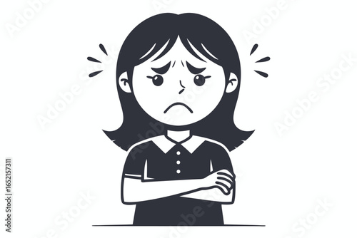 Cartoon Girl with Arms Crossed, Annoyed Expression, Illustration, White Background