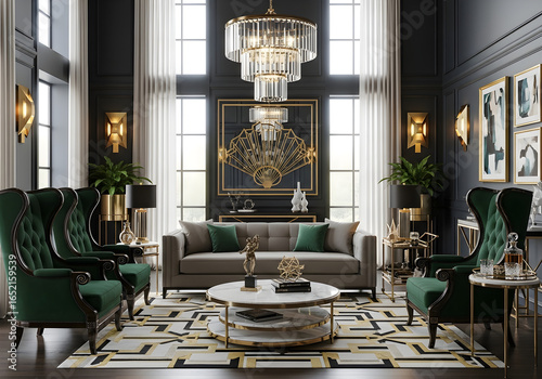 Elegant Art Deco Living Room with Emerald Green and Gold Accents