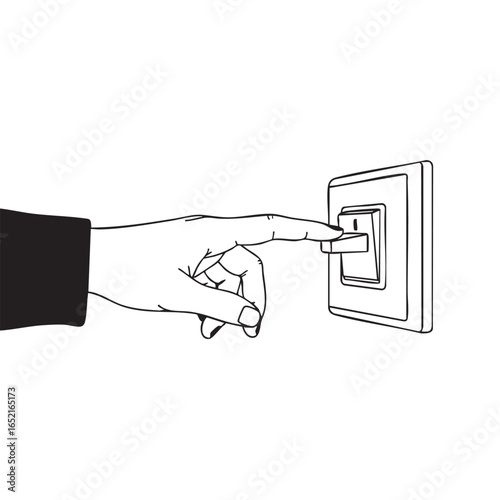 Illustration of a hand turning on a light switch energy conservation and home automation concepts shown in vector format with a minimalist aesthetic