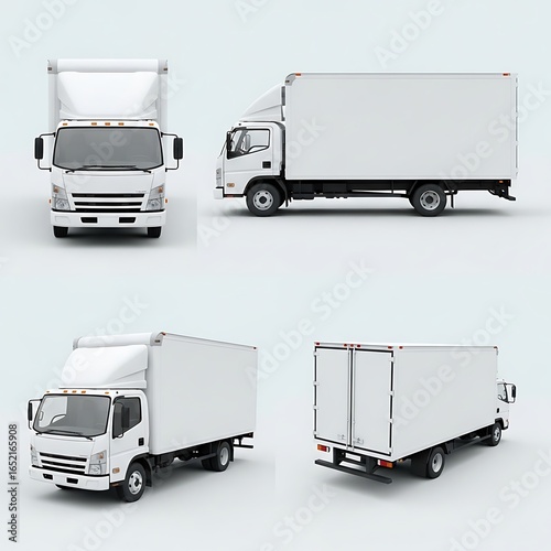 Set of white box truck mockups for branding. Four different views of a commercial delivery vehicle isolated on a white background.