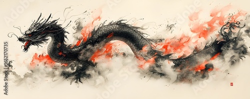 Powerful ink wash dragon illust n in traditional Japanese style