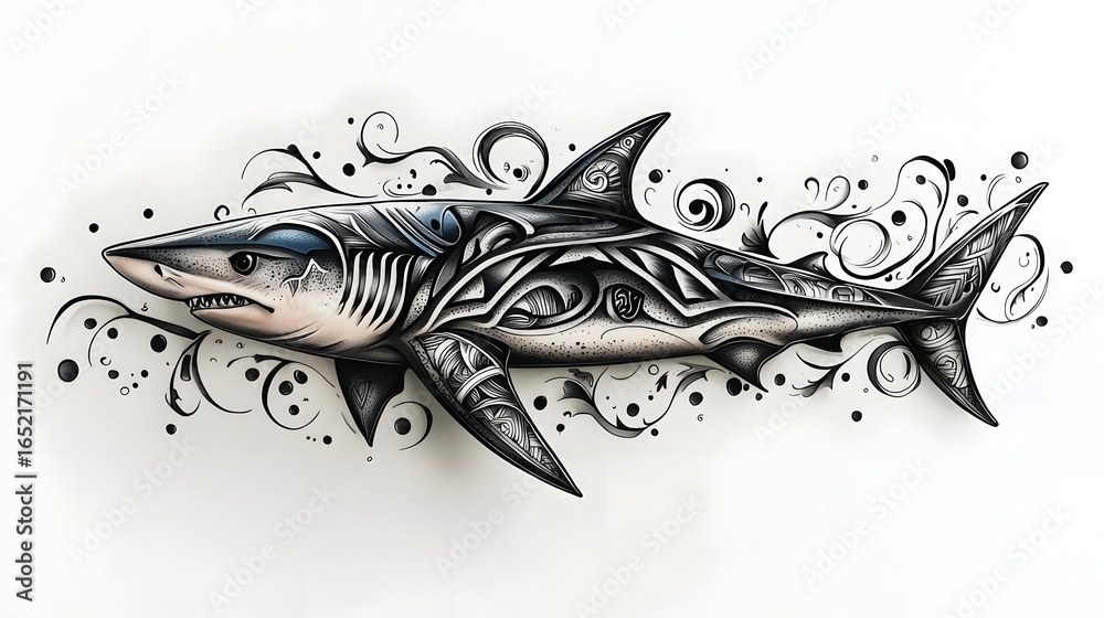 Fototapeta premium Powerful Hammerhead Shark with Tribal Oceanic Design