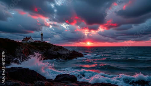 Crimson Lighthouse Amidst Stormy Sea
