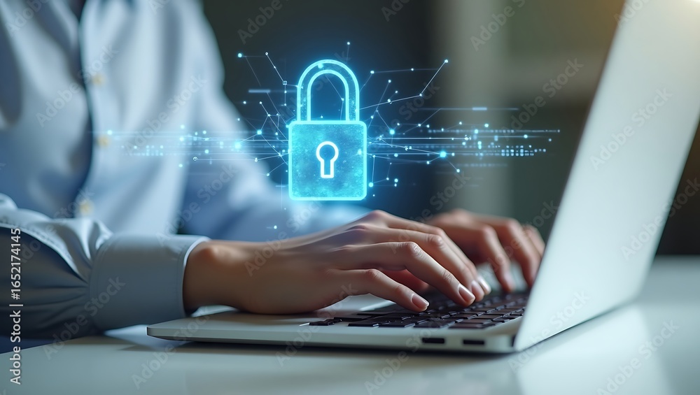 Naklejka premium Digital data protection and cybersecurity concept with a person typing on a laptop, symbolizing online security and privacy in a connected world.