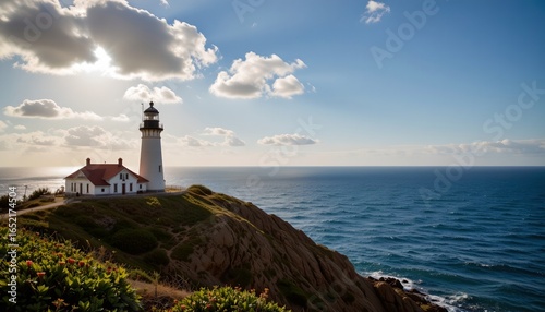 Serene Lighthouse Overlooking Ocean with Dappled Sunlight
