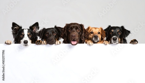 Dogs peering over white banner