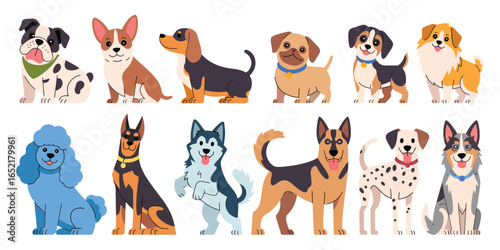 Cute Dog Breeds Cartoon Vector Set Featuring Happy Puppies Like Corgi, Pug, Dachshund, Dalmatian, and Doberman in Flat Style for Pet and Animal Designs