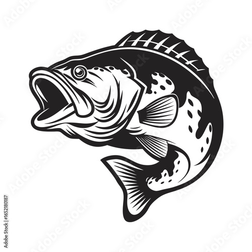 Bass Fish Jumping Vector, Isolated on White Background, Fishing Theme