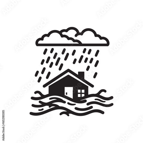 Monochromatic illustration depicting a flooded house under a rain cloud emphasizing natural disaster and the impact on residential areas