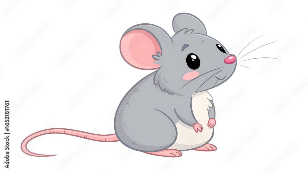 Fototapeta premium Cartoon Gray Mouse with Pink Ears and Tail on transparent background on white background