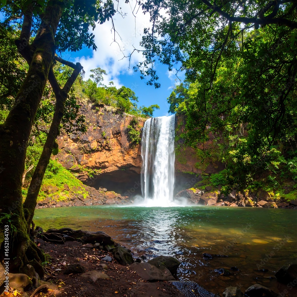 Fototapeta premium Lush green foliage frames a tall waterfall cascading into a tranquil pool