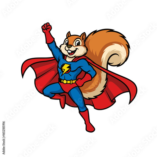 Squirrel Mascot in Superhero Pose With Cape Flowing, Exaggerated Fluffy Tail, Bold Clean Outlines