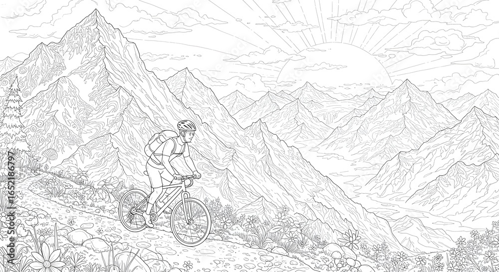 Obraz premium Line art vector illustration of a mountain biker riding downhill on a rugged trail with a scenic mountain range and sunrise in the background