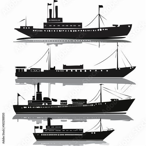 A nautical vector illustration featuring a set of sailing and cargo ships, with silhouettes of various marine vessels for ocean transportation
