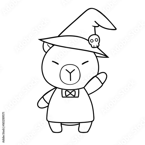 Cute bear in witch hat with skull detail, waving happily