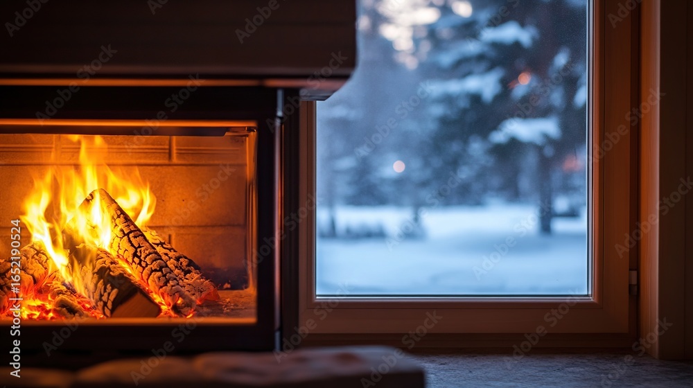 Fototapeta premium A cozy interior scene features a roaring fireplace with burning logs, framed by a window overlooking a snowy winter landscape.