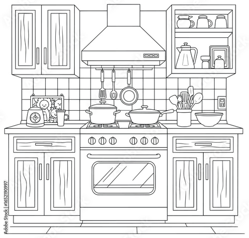 Kitchen line art illustration with stove, oven, cookware, utensils, and cabinets in a detailed black and white vector style for coloring books and creative design projects