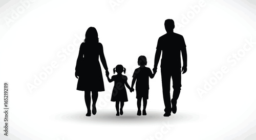 A silhouette of a family walking together, parents are holding hands with their children, enjoying a leisurely stroll