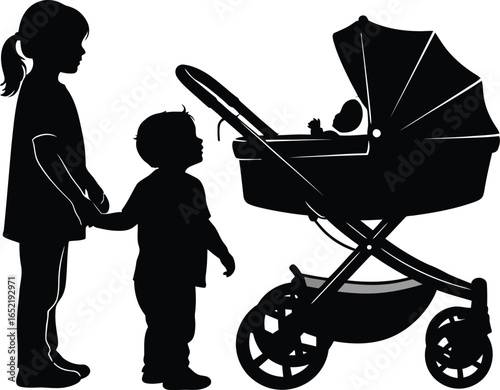 Silhouette of a sister holding her brothers hand next to a stroller, , symbolizing family love, care, and simple joys of childhood