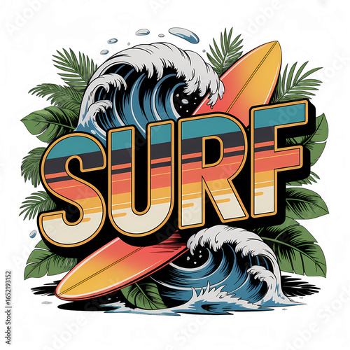 Colorful surf design with vibrant waves and retro surfboard surrounded by tropical leaves