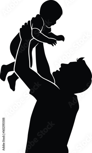 Silhouette of a father holding his baby up in air, , showing love and care between parent and child in a happy and playful moment
