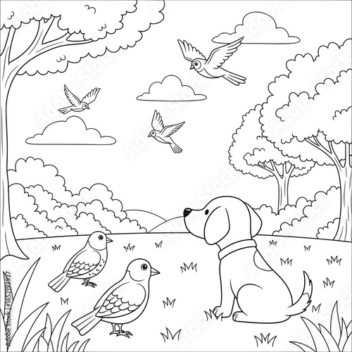 Cute dog sitting in a grassy meadow with birds flying and resting nearby under trees and clouds, ideal for coloring pages, children’s books, and educational projects