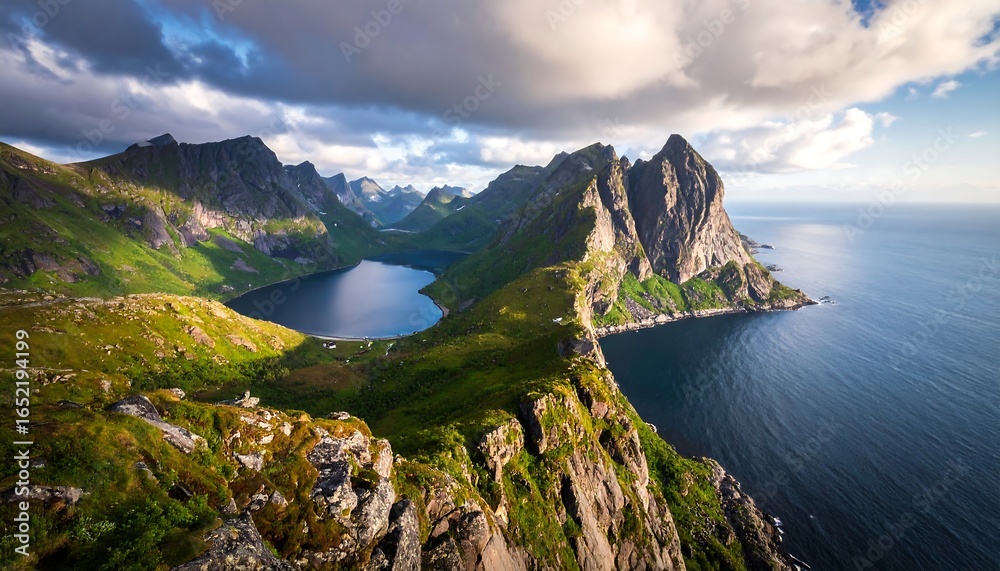 Naklejka premium Panoramic view of a serene coastal landscape, featuring a tranquil lake nestled amidst dramatic, verdant mountains and a vast ocean under a cloudy sky