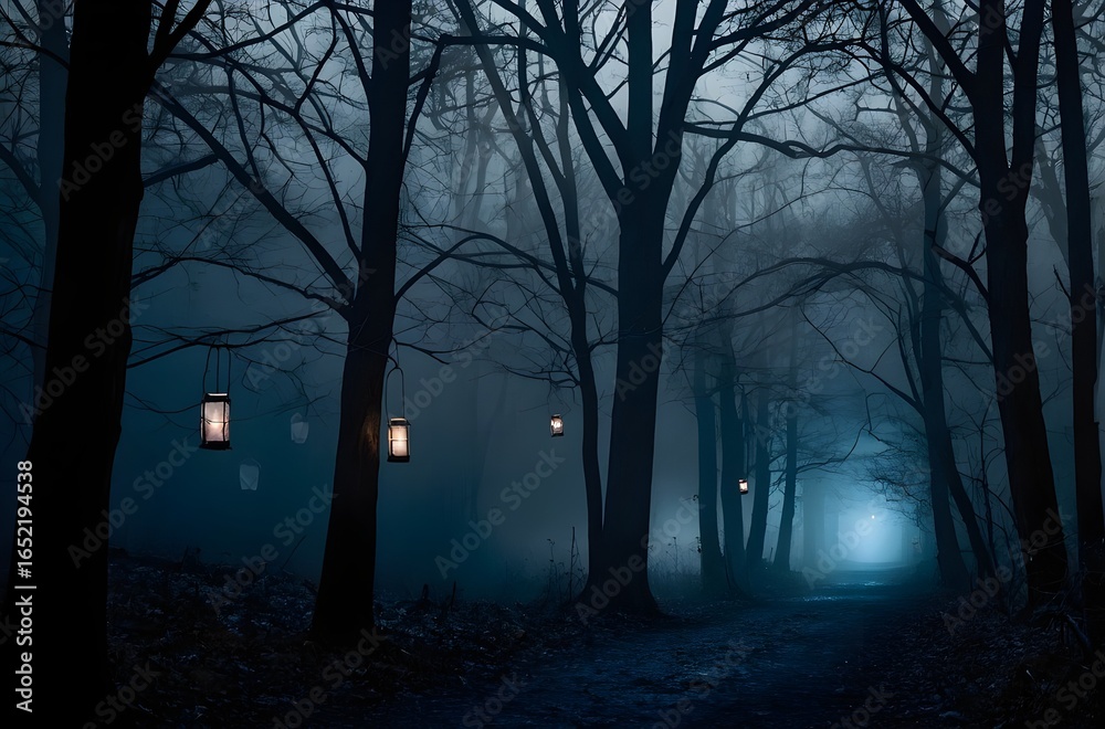 Fototapeta premium Spooky Foggy Forest Pathway with Lanterns, Ghostly Wisps, Bare Trees and Spider Webs in Moonlight