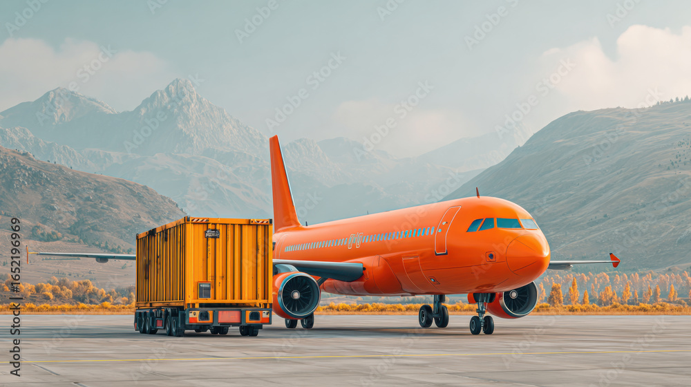 Fototapeta premium Airplane and cargo container on runway with mountain background showing import traffic and trade logistics