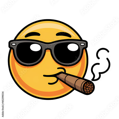 Yellow smiley face wearing sunglasses with a cigar creating a cool and relaxed vibe in an animated style