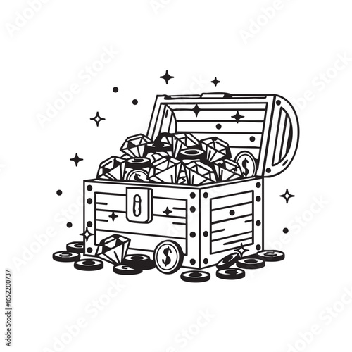 Treasure Chest Filled with Diamonds and Gold Coins Illustration Representing Wealth and Riches Outline Style Vector Graphic