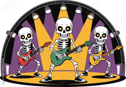Skeletons playing guitars on a concert stage music