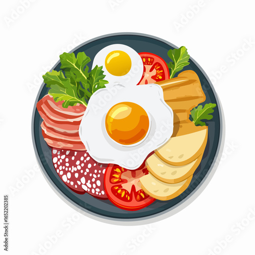 A delicious breakfast plate with fried eggs, bacon, sausage, and a fresh vegetable salad
