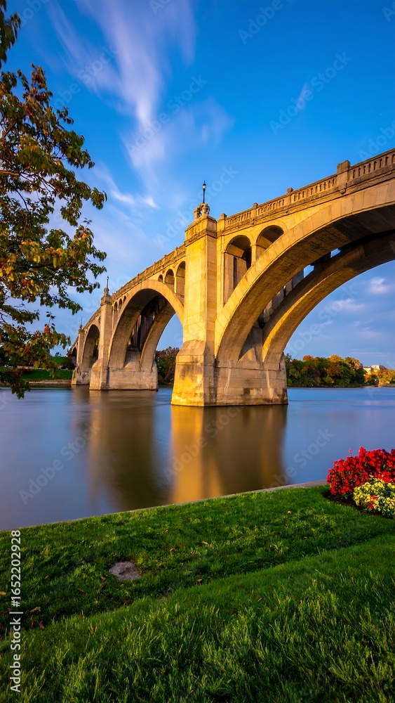Fototapeta premium Serene sunset view of a stone arch bridge spanning a calm river, reflected in the water, with lush green banks and autumnal foliage