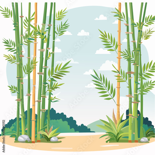 Bamboo frame vector illustration with tropical leaves and flora
