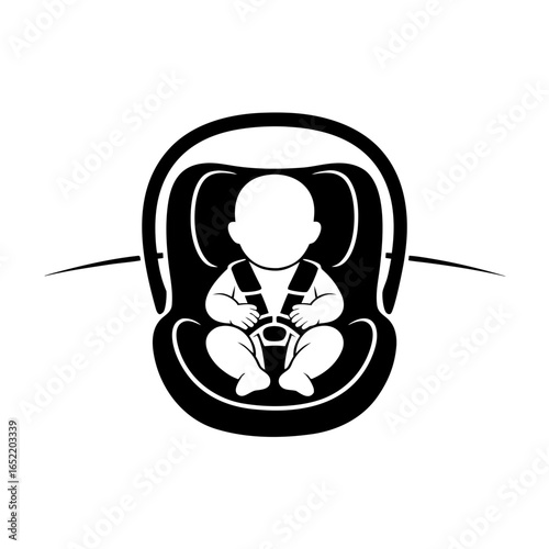 Vector icon of a baby in a child car seat, secured with seat belts. Child in a safe car seat, transporting children in a car. Protecting and caring for a child while traveling. Baby in a carrycot