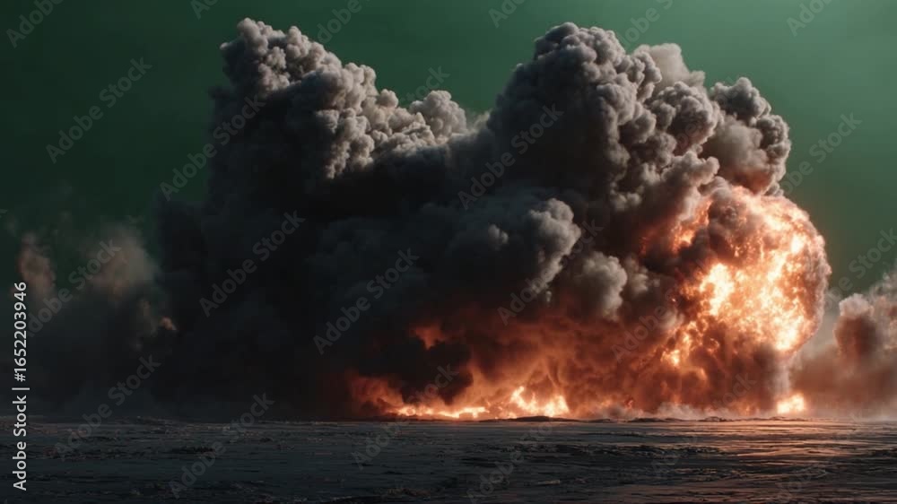 Explosion of Energy: An intense image capturing the raw power of an explosion, with billowing smoke and fiery flames rising against a backdrop of an eerie landscape.