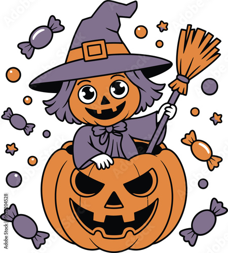 Halloween pumpkin witch with candy and broom jack o lantern